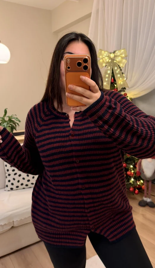 Premium Çizgili Düğmeli Triko Hırka - Bordo Çizgili