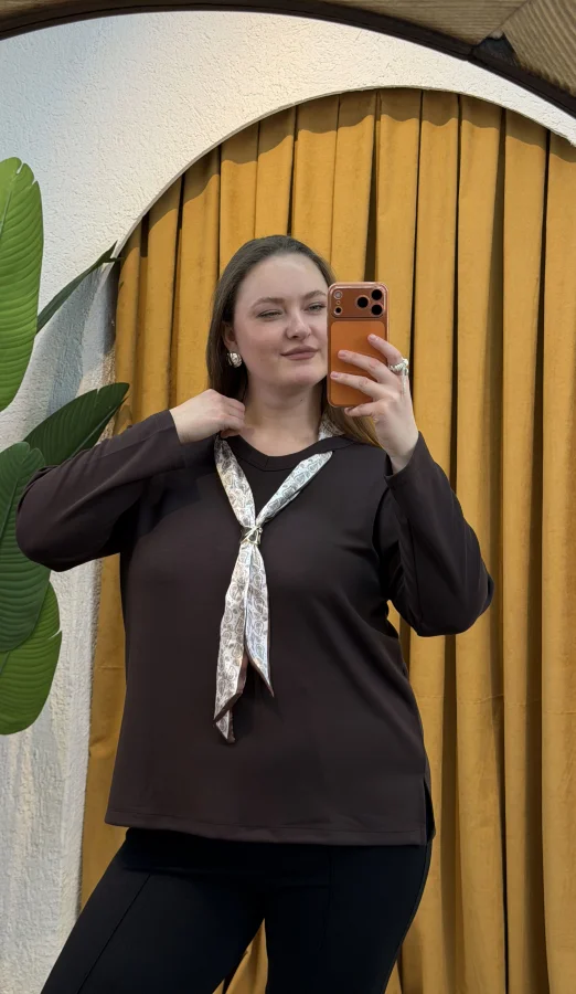 Premium Fular Detaylı Modal Bluz - Kahverengi