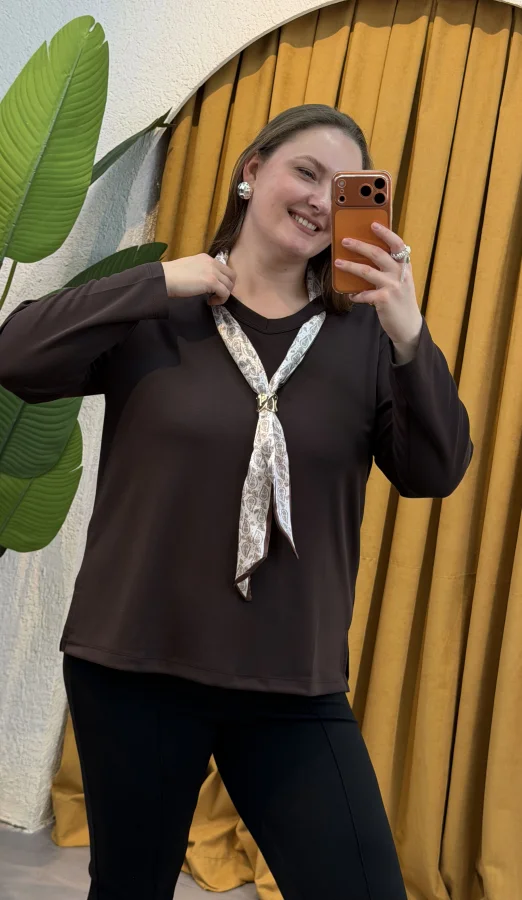 Premium Fular Detaylı Modal Bluz - Kahverengi