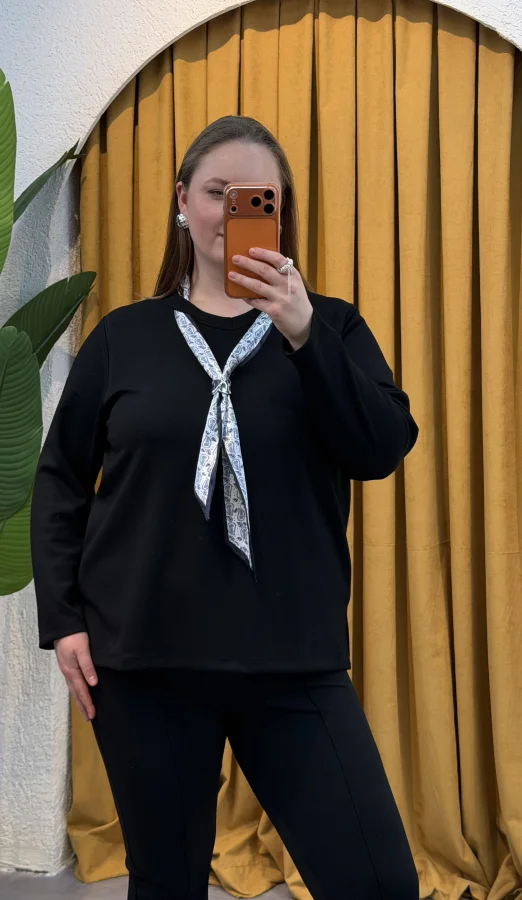 Premium Fular Detaylı Modal Bluz - Siyah