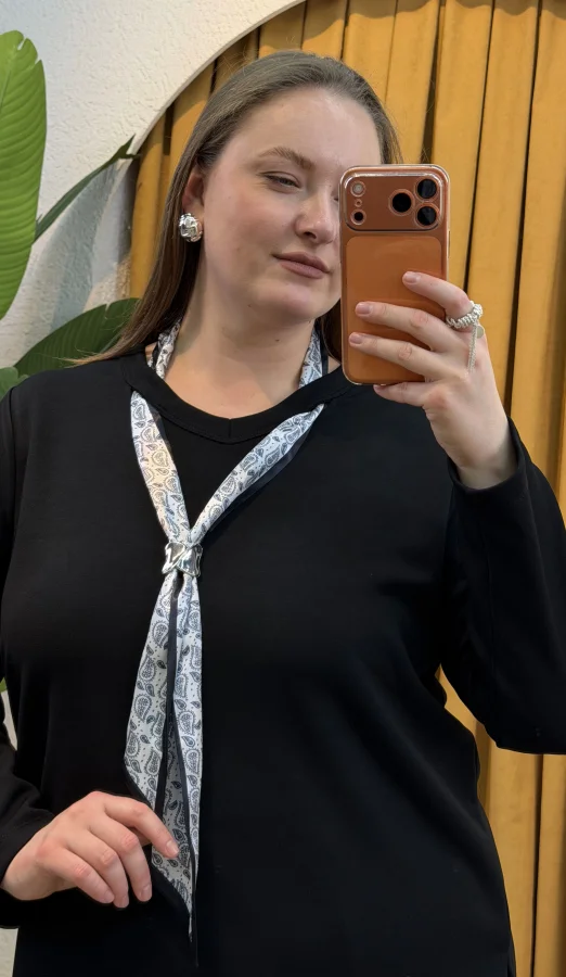 Premium Fular Detaylı Modal Bluz - Siyah