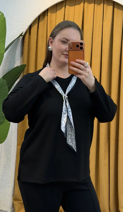 Premium Fular Detaylı Modal Bluz - Siyah