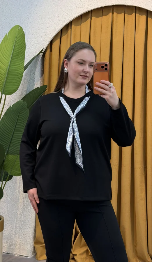 Premium Fular Detaylı Modal Bluz - Siyah