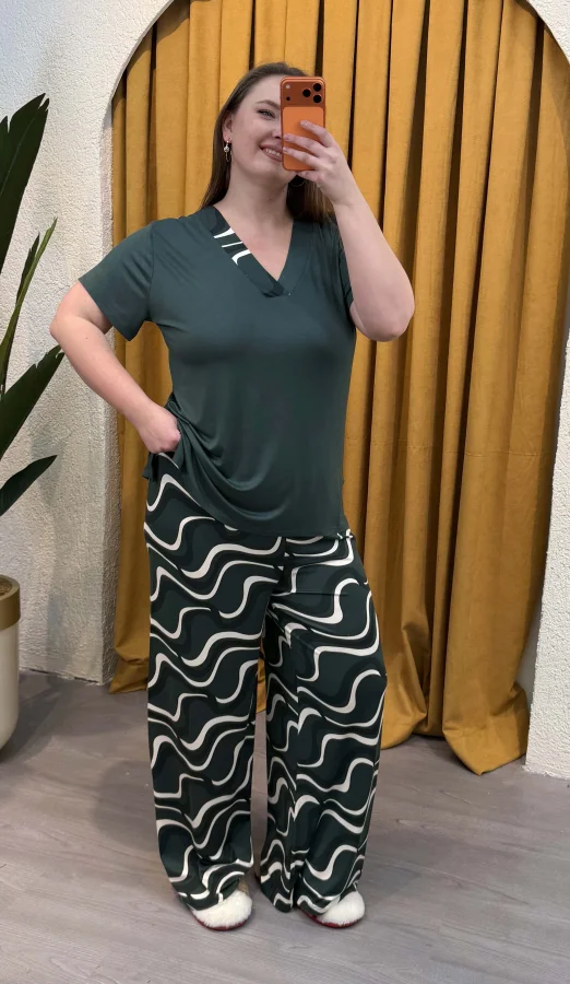 Premium Geniş Kesim V Yaka Ring Viskon - Haki