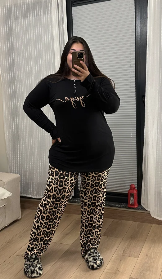 Premium Likralı Penye Pijama Takımı - Yoga Leopar
