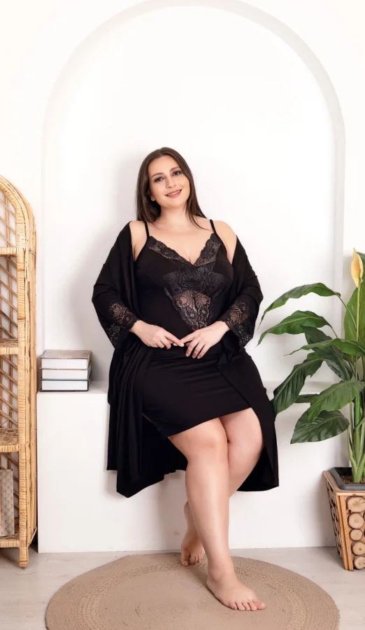 Premium Likralı Sabahlık Takım - Siyah