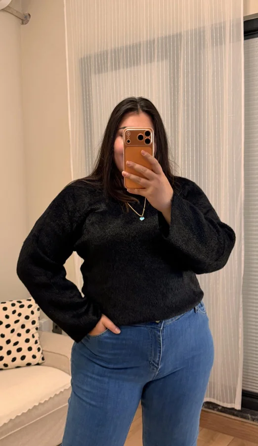 Premium Oversize Sakallı Triko Bluz - Siyah