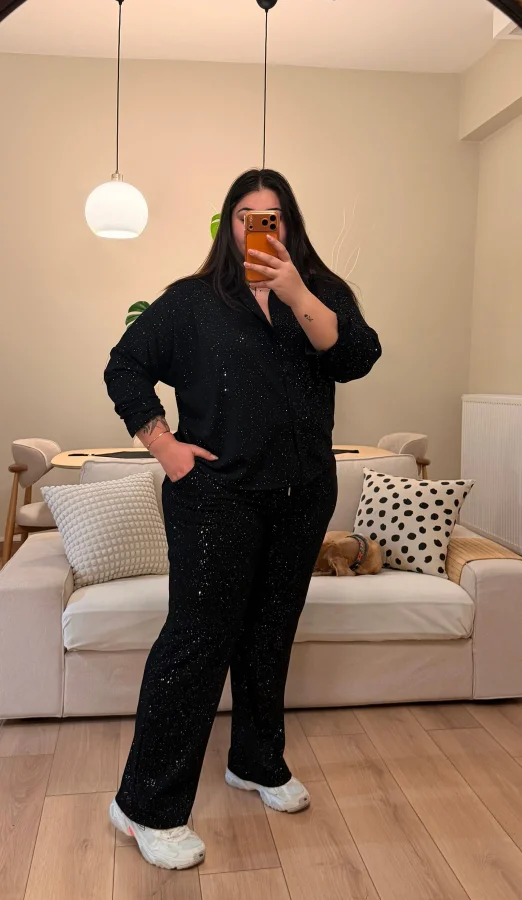 Sim Detaylı Gömlekli Modal Takım - Siyah