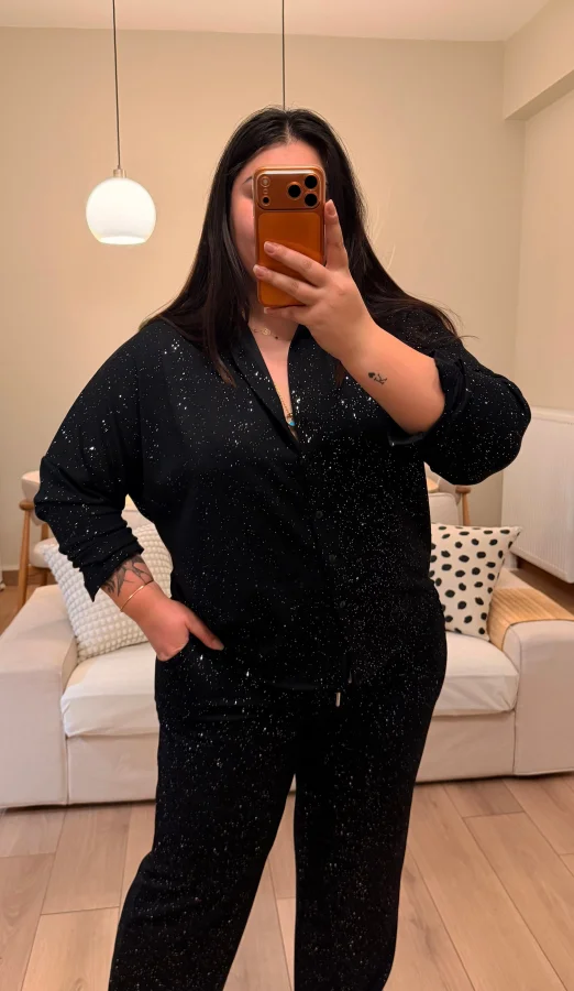 Sim Detaylı Gömlekli Modal Takım - Siyah