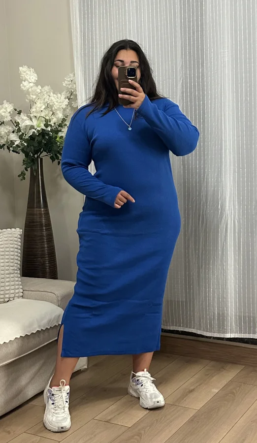 Tam Boy Esnek Triko Elbise - Saks Mavi