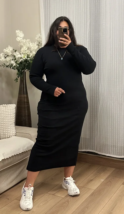 Tam Boy Esnek Triko Elbise - Siyah