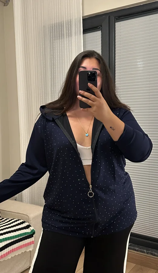 Taş Detaylı Fermuarlı Modal Hırka - Lacivert