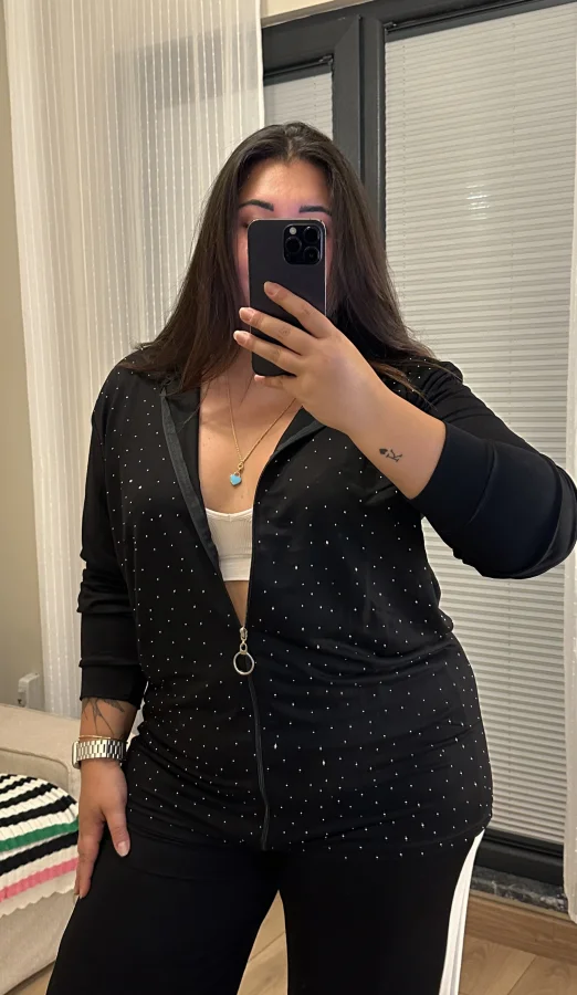 Taş Detaylı Fermuarlı Modal Hırka - Siyah