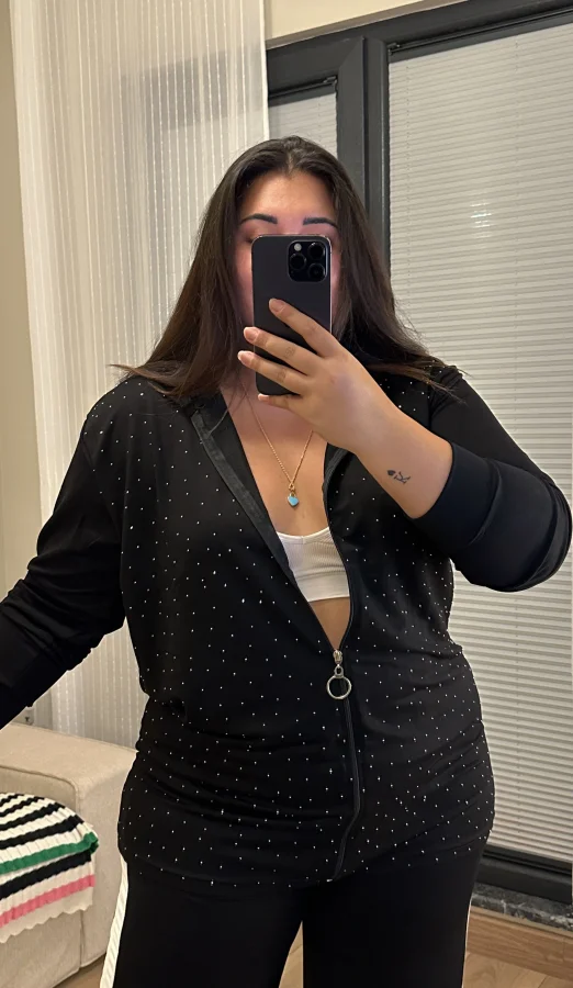 Taş Detaylı Fermuarlı Modal Hırka - Siyah