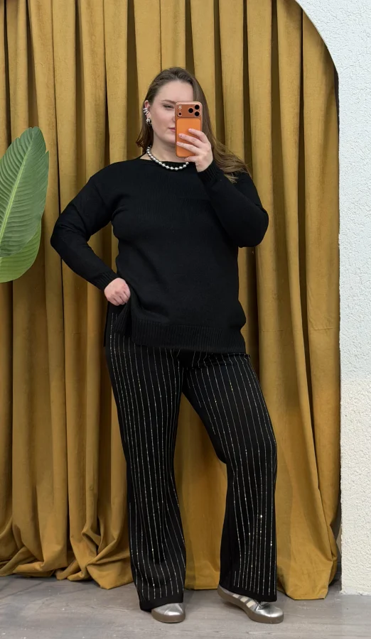 Taş Detaylı Modal Kumaş Pantolon - Siyah