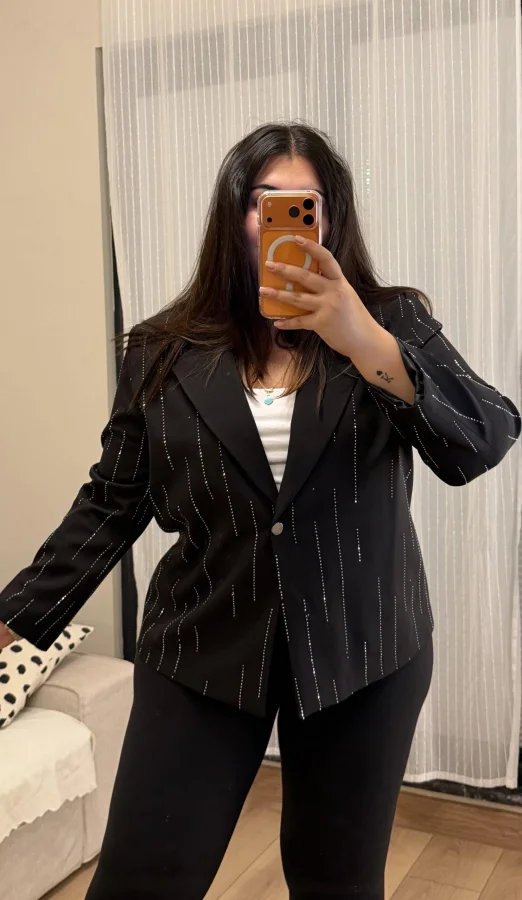 Taş Detaylı Premium Astarlı Blazer Ceket - Siyah