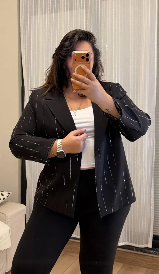 Taş Detaylı Premium Astarlı Blazer Ceket - Siyah