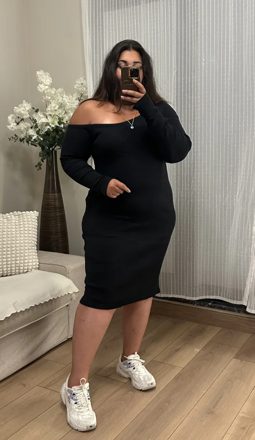 Tek Omuz Detay Esnek Triko Elbise - Siyah