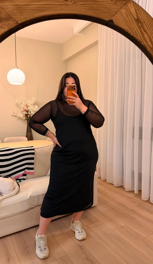 Tül Detaylı Astarli Elbise - Siyah