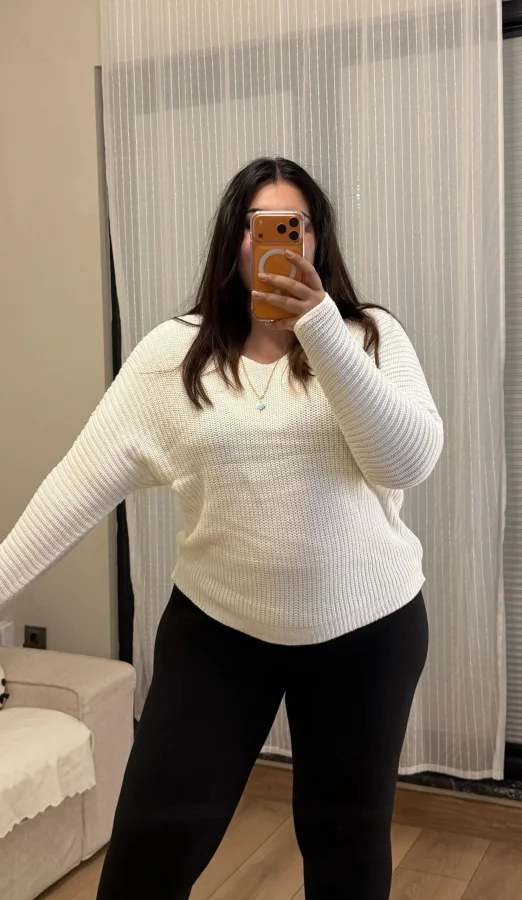 V Yaka Esnek Selanik Triko Bluz - Beyaz