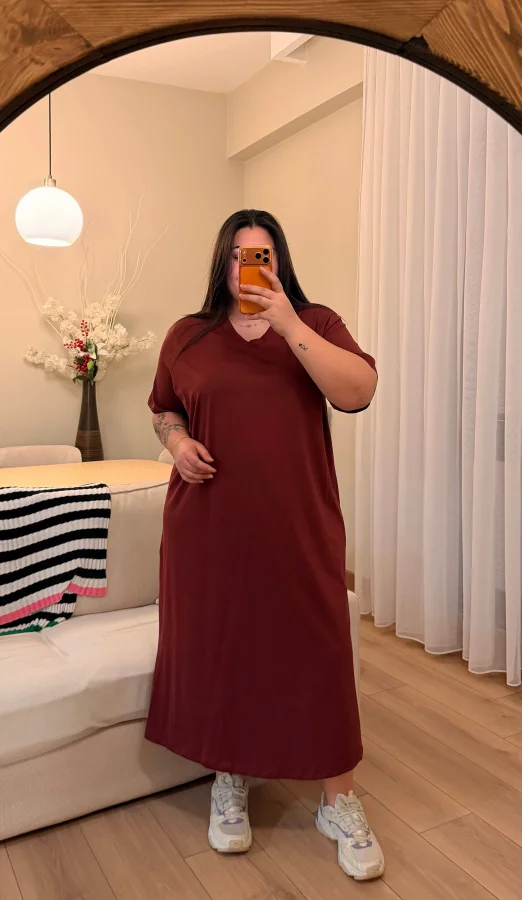 V Yaka Geniş Kesim Esnek Tişört Elbise - Bordo