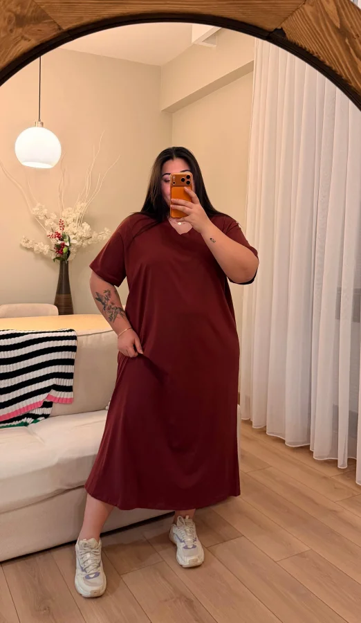 V Yaka Geniş Kesim Esnek Tişört Elbise - Bordo