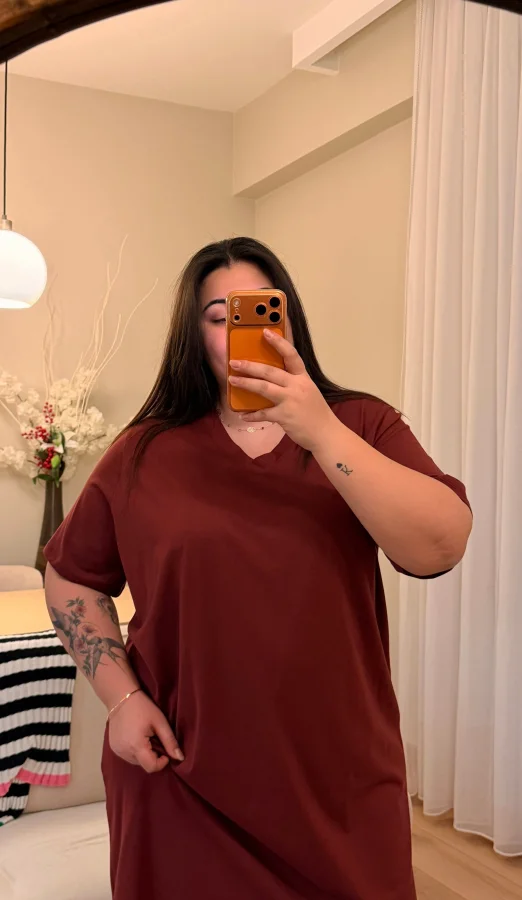 V Yaka Geniş Kesim Esnek Tişört Elbise - Bordo