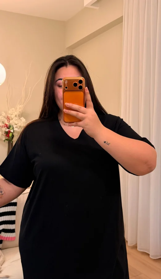 V Yaka Geniş Kesim Esnek Tişört Elbise - Siyah