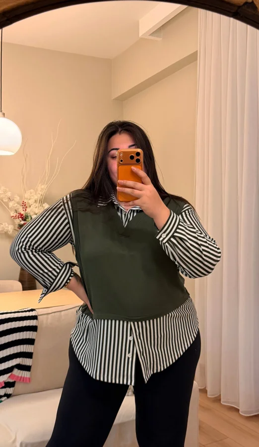 V Yaka Gömlekli Çizgili Modal Bluz - Haki