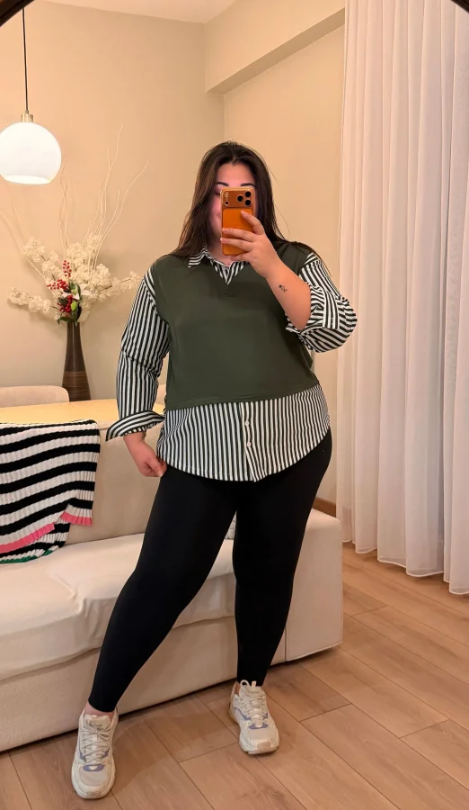 V Yaka Gömlekli Çizgili Modal Bluz - Haki