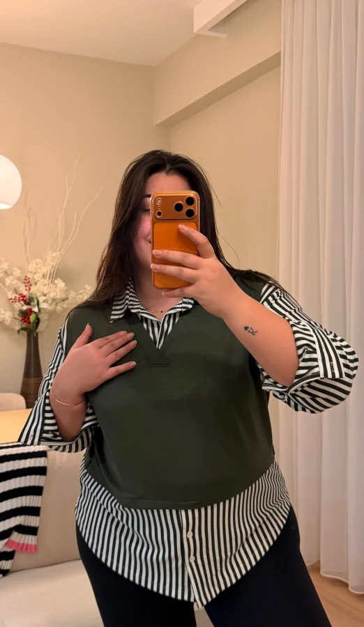 V Yaka Gömlekli Çizgili Modal Bluz - Haki