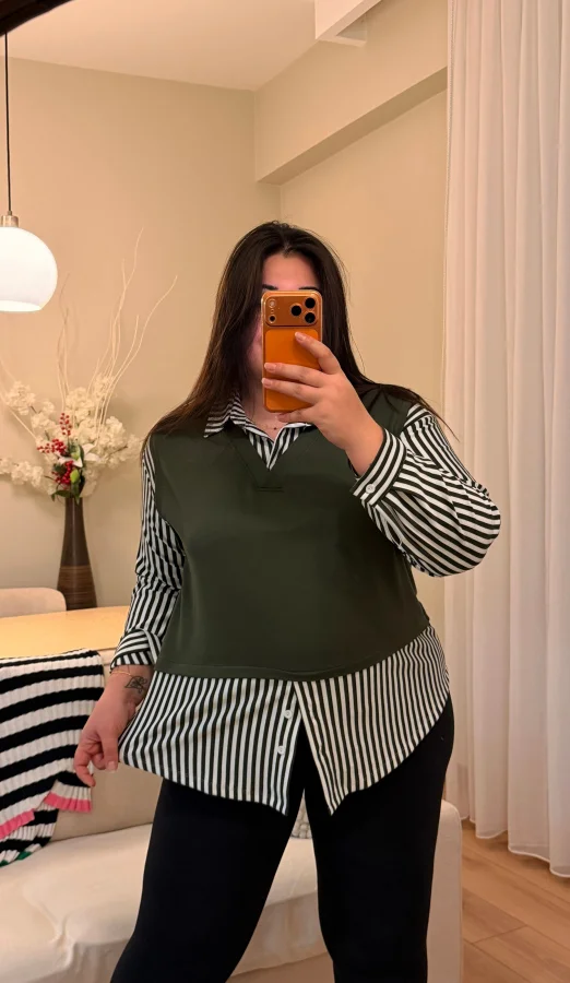 V Yaka Gömlekli Çizgili Modal Bluz - Haki