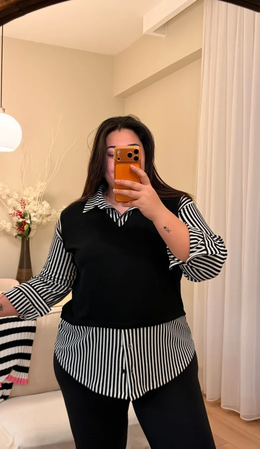 V Yaka Gömlekli Çizgili Modal Bluz - Siyah