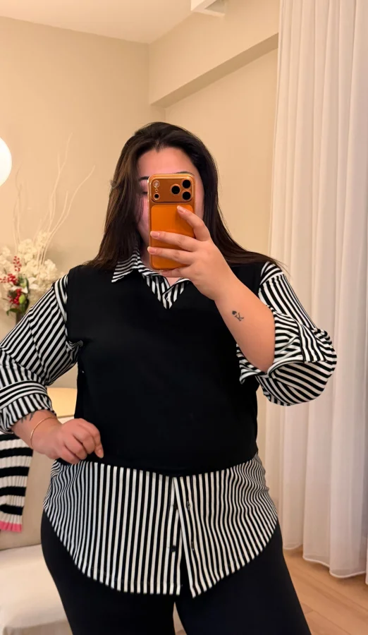 V Yaka Gömlekli Çizgili Modal Bluz - Siyah