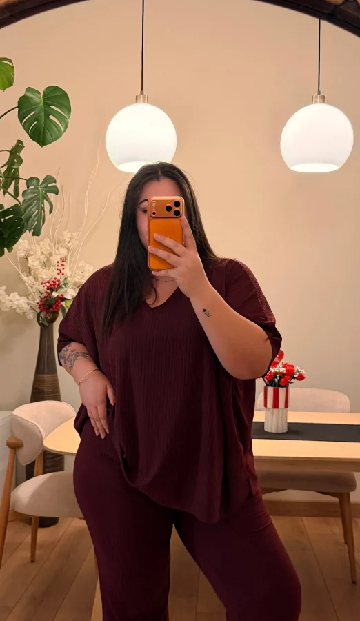 V Yaka Yarasa Kol Esnek Fitilli Takım - Bordo