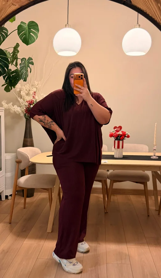 V Yaka Yarasa Kol Esnek Fitilli Takım - Bordo