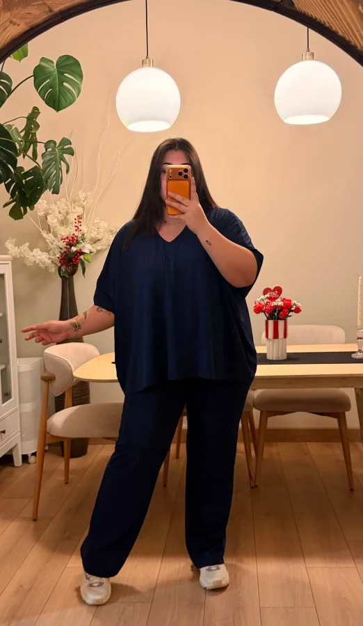 V Yaka Yarasa Kol Esnek Fitilli Takım - Lacivert