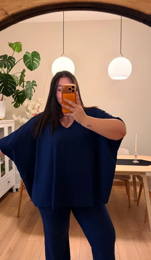 V Yaka Yarasa Kol Esnek Fitilli Takım - Lacivert