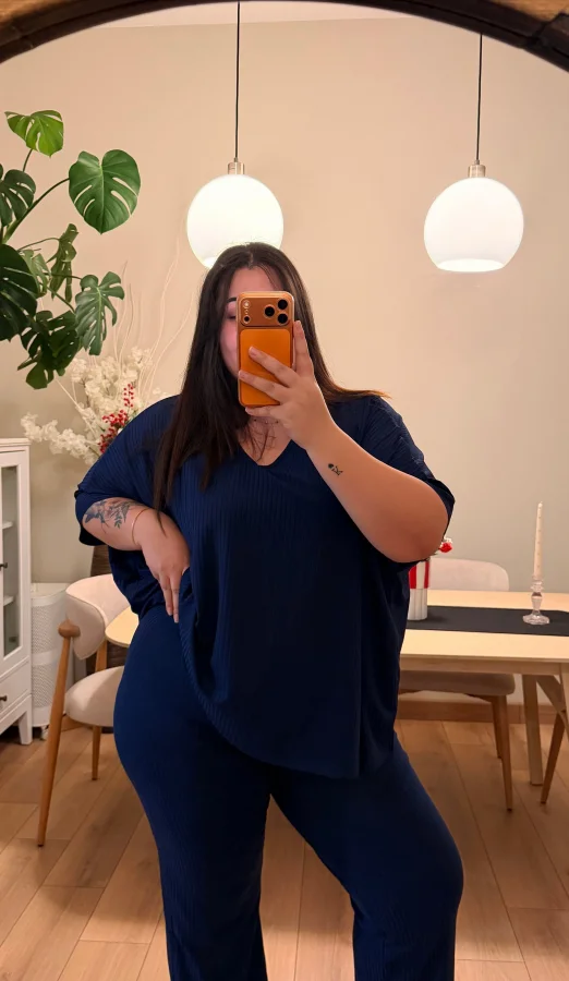 V Yaka Yarasa Kol Esnek Fitilli Takım - Lacivert