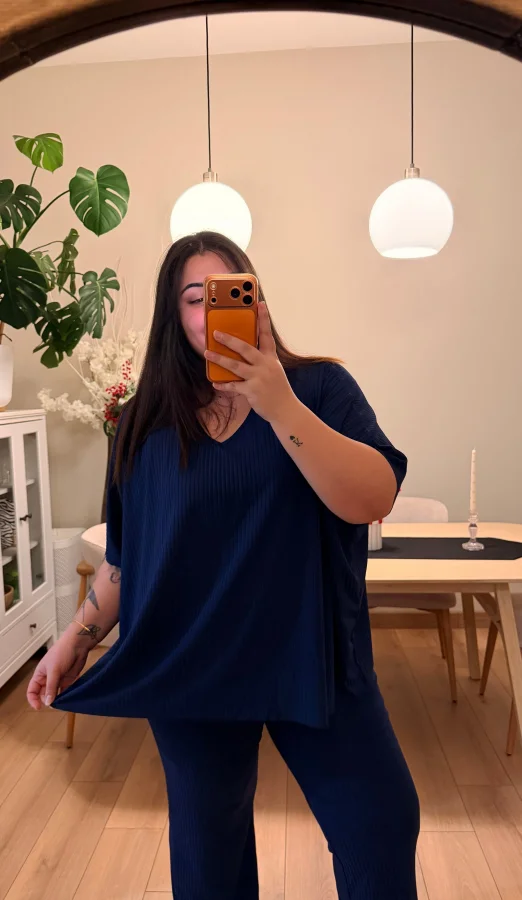 V Yaka Yarasa Kol Esnek Fitilli Takım - Lacivert