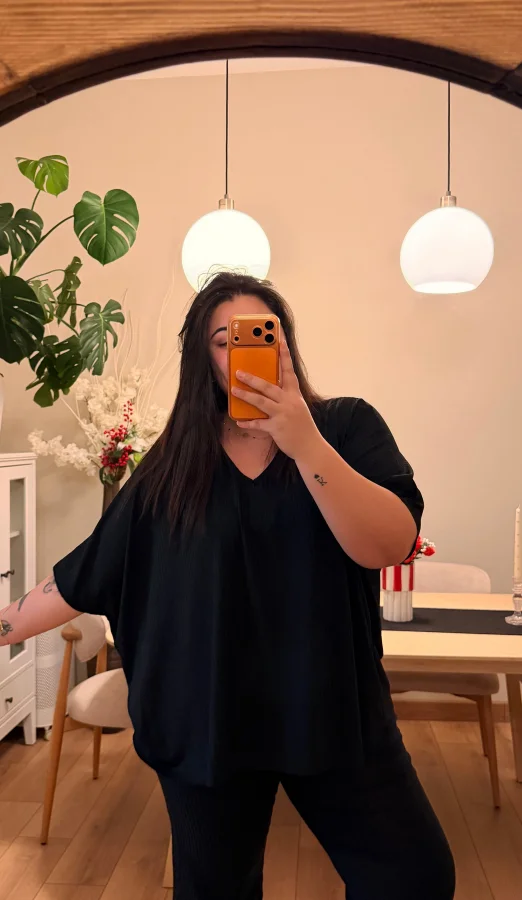 V Yaka Yarasa Kol Esnek Fitilli Takım - Siyah