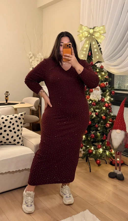 V Yaka Zara Krep Shiine Elbise - Bordo