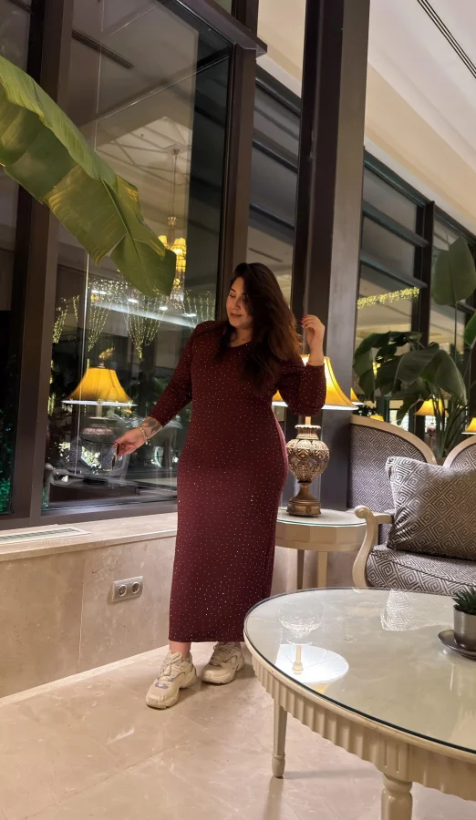 V Yaka Zara Krep Shine Elbise - Bordo