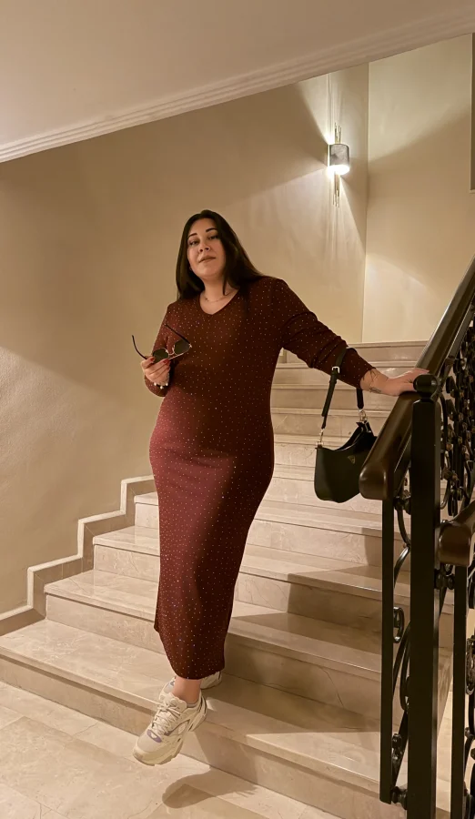 V Yaka Zara Krep Shine Elbise - Bordo