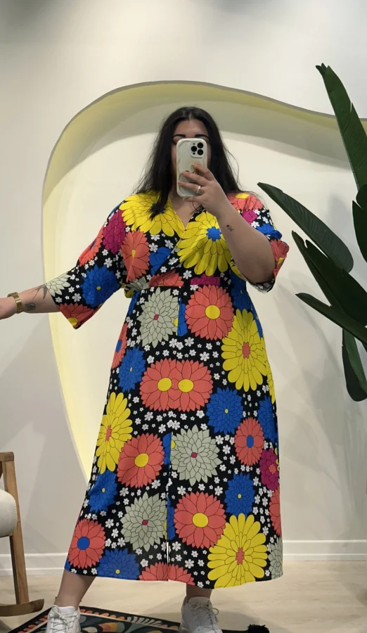 Yarasa Kol Beli Lastikli Viskon Elbise - Geometrik Çiçekli