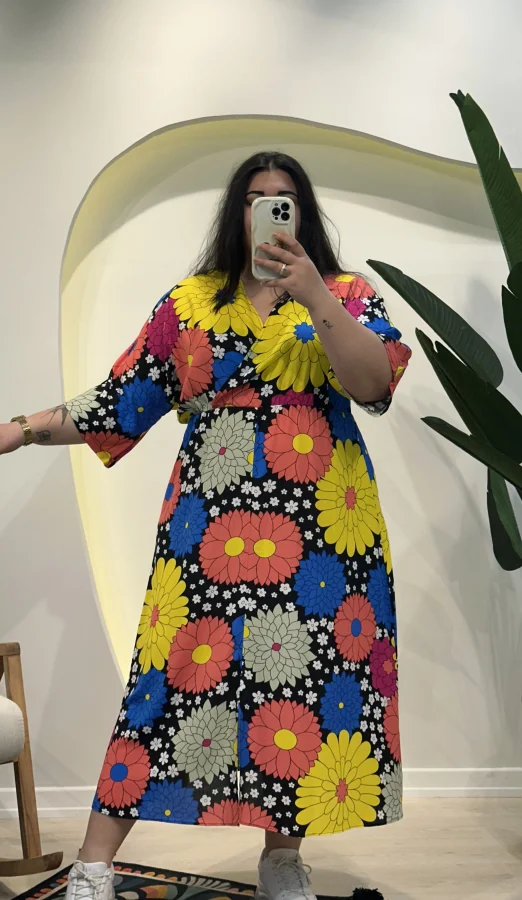 Yarasa Kol Beli Lastikli Viskon Elbise - Geometrik Çiçekli