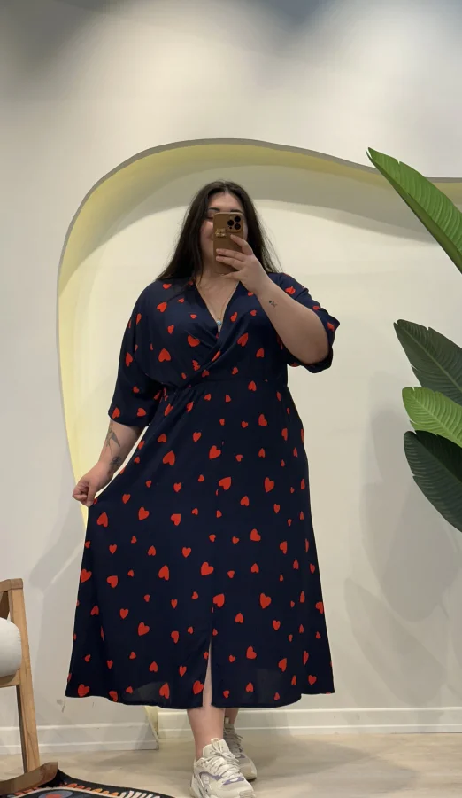 Yarasa Kol Beli Lastikli Viskon Elbise - Lacivert Kalpli