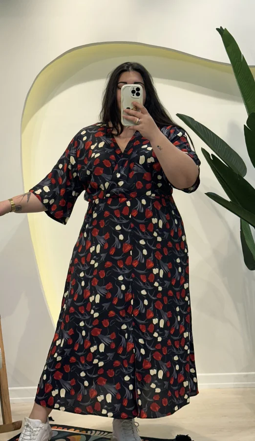 Yarasa Kol Beli Lastikli Viskon Elbise - Lale Desen