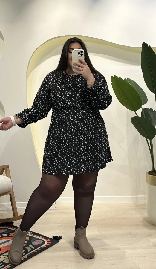 Yarasa Kol Bürümcük Mini Elbise - Siyah Çiçekli