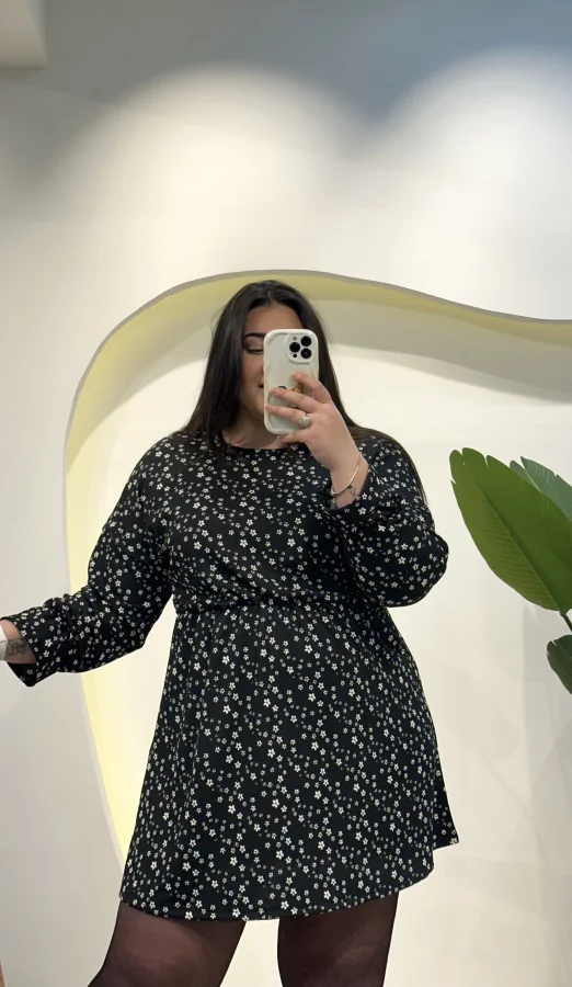 Yarasa Kol Bürümcük Mini Elbise - Siyah Çiçekli